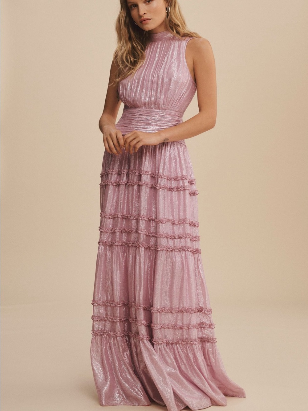 BHLDN Juniper Metallic Tiered Backless High-
Neck Gown